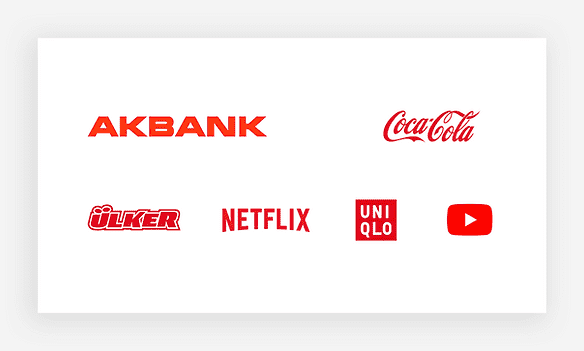 Kırmızı logo örnekleri: Akbank, coca cola, ülker, netflix, uniqlo ve youtube markasının logoları