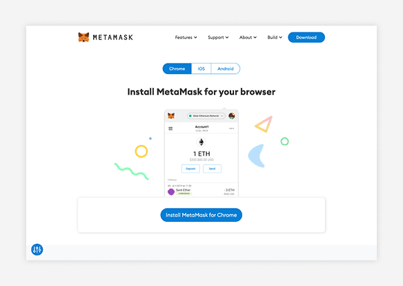 MetaMask kripto para merkezi ekran görüntüsü, üzerinde tarayıcınız için metamask yükleyin yazan bir başlık ve altında işlemi başlatmak için mavi bir buton