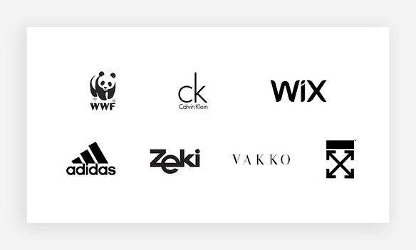 Siyah-beyaz logo örnekleri: WWF, Calvin Klein, Wix, adidas, zeki triko, Vakko gibi markaların logoları