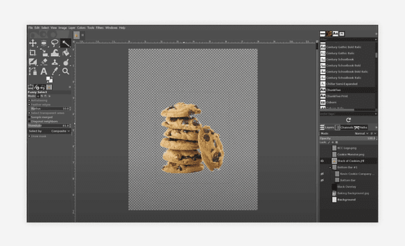 GIMP foto editörü ekran görüntüsü, ortada 7 adet çukulatalı kurabiye resmi