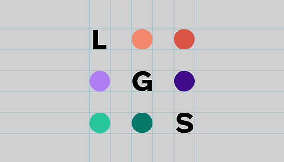 Renkli daire şeklinde çizilmiş daireler, hepsi bir kare şeklini almış ve ortasından L,G,S harfleri yazılmış