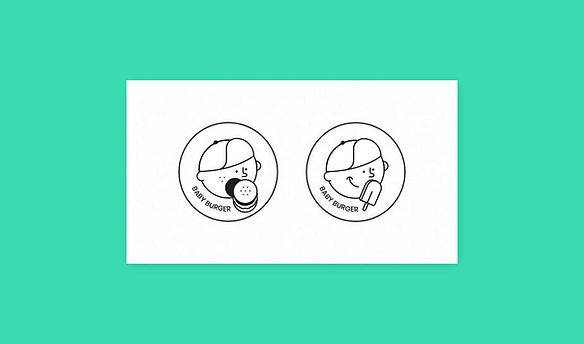 Dinamik logo, baby burger yazılı 2 tane daire ve içersinde biri dondurma diğeri hamburger yiyen şapkalı çocuk kafası figürü